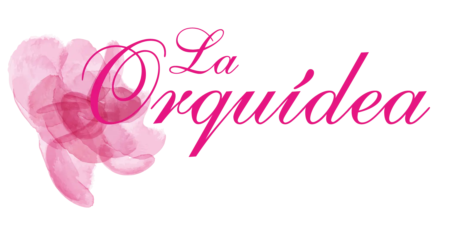 Texto estilizado de color rosa "La Orquídea" con una orquídea de acuarela rosa a la izquierda.