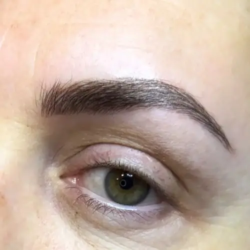 Primer plano del ojo de una persona con una ceja arqueada, con una forma precisa de la ceja y un maquillaje de aspecto natural.