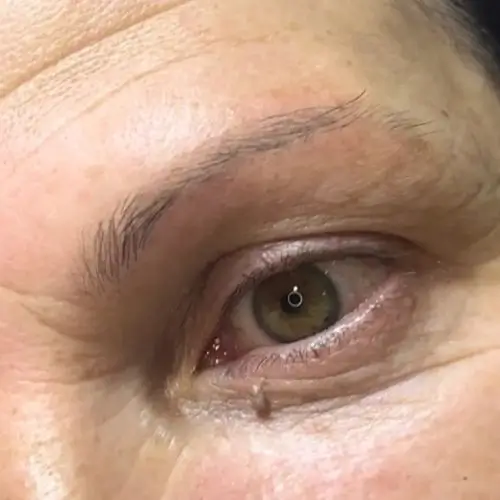 Primer plano del ojo de una persona que muestra el iris verde, vello fino en las cejas y un pequeño lunar debajo del ojo. Se aprecia la textura de la piel y un ligero toque de maquillaje en el párpado superior.