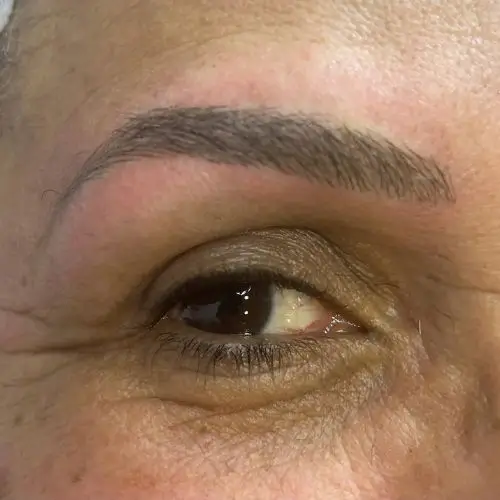 Un primer plano de un ojo con una ceja arqueada y textura de piel visible.