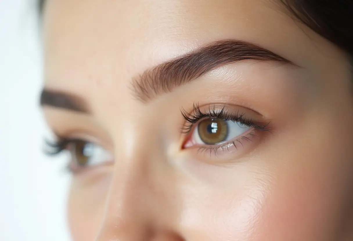 Primer plano del rostro de una persona, centrándose en las cejas y pestañas bien cuidadas, con piel suave y ojos marrones mirando hacia un lado.